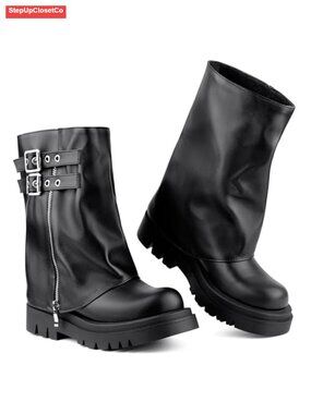 Faux Leather Fold Over Mid Calf Moto Combat Boots Platform Buckle